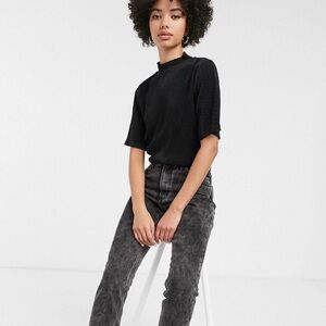 Monki short sleeve high neck ribbed top in black